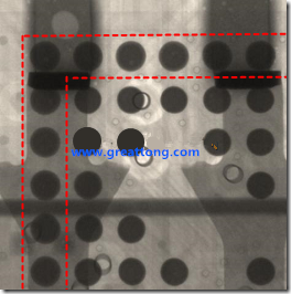 BGA錫球尺寸小于0.4mm，采用降低BGA內(nèi)圍襲球的錫膏量所得到X-Ray，稍微留意一下可以發(fā)現(xiàn)最外圈的錫量(圓的直徑)比其他內(nèi)圍的錫球上的錫量來得多一點(diǎn)點(diǎn)。也就是外圈的黑色圓形直徑比內(nèi)圈的圓形來得大一點(diǎn)點(diǎn)。