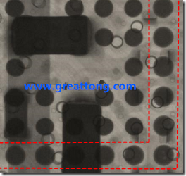 BGA錫球尺寸小于0.4mm，采用降低BGA內(nèi)圍襲球的錫膏量所得到X-Ray，稍微留意一下可以發(fā)現(xiàn)最外圈的錫量(圓的直徑)比其他內(nèi)圍的錫球上的錫量來得多一點(diǎn)點(diǎn)。也就是外圈的黑色圓形直徑比內(nèi)圈的圓形來得大一點(diǎn)點(diǎn)。
