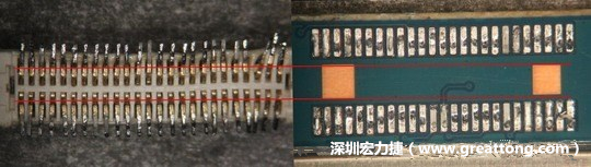 把板對板連接器與其電路板的佈線焊墊作一個比較，端子的切斷面有毛邊的地方剛好對到了裸銅區(qū)。