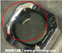 使用錫(Sn)鍍層的電源電感器(Power Inductors)，經(jīng)過(guò)推力測(cè)試后，其焊點(diǎn)還保留在零件的端點(diǎn)上，所以推力比較高。