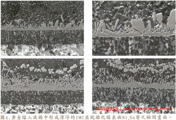 下面四張圖片為放大4500倍的SEM圖像，說明在回流焊爐熱量不足的情況下，黃金成份正要從鎳層分離融入焊錫之中的瞬間，當(dāng)零件遭受外力沖擊的時候就極有可能從這一整排AuSn、、AuSn2或AuSn4的IMC處裂開。