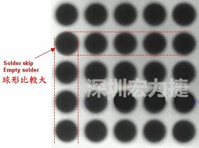 現(xiàn)在我畫幾條直線你再看看是否有發(fā)現(xiàn)那一顆BGA的錫球比較大，有空焊的可能？