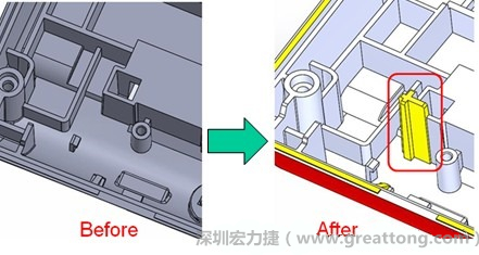 既然知道可能的問題出在電路板變形量過大,于是在電路板上黏貼應力計(Stress Gauge)然后先量測未改善前的應力數(shù)據(jù)。改善方法是在BGA的附近新增機溝肋柱(rib)來頂住電路板以降低電路板在落下時的變形量。