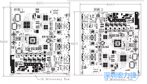 如圖7所示是使用不同數(shù)量邊條的拼板，拼板1僅使用了一個邊條，直接利用PCB另一邊作為SMT工藝傳送邊，并且PCB圖形中有合適的安裝孔；而拼板2則是按常規(guī)設(shè)計了兩個邊條。拼板方式為連接筋。圖中“Breakaway Tab”指邊條-深圳宏力捷