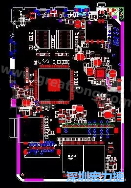 上圖是一個(gè)開(kāi)發(fā)板的PCB，從布局中可以看出各個(gè)接口電路分離很明確，SDRAM和DDR以及SD卡接口電路等走線不會(huì)造成相互的干擾。-深圳宏力捷