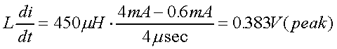 舉例來說，一個閘在"ON"而載有4mA的電流時，突然開關(guān)切到"OFF"且現(xiàn)在載有0.6mA的電流，假設(shè)開關(guān)時間為4msec，載有450mH的電感信號的導(dǎo)體，此時所產(chǎn)生的電壓突波為