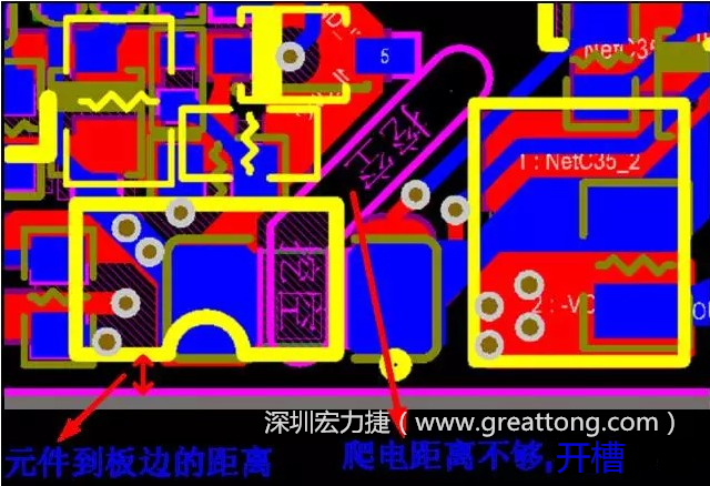 如果碰到模塊PCB空間有限，爬電距離不夠，可以采用開槽的方式