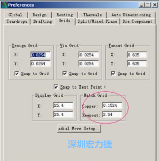  改銅皮的填充網(wǎng)格Global→Design Units，填充方向Drafting→Direction；Hatch Grid中Copper此數(shù)值為大銅箔中所填充的線條中心到中心的距離。