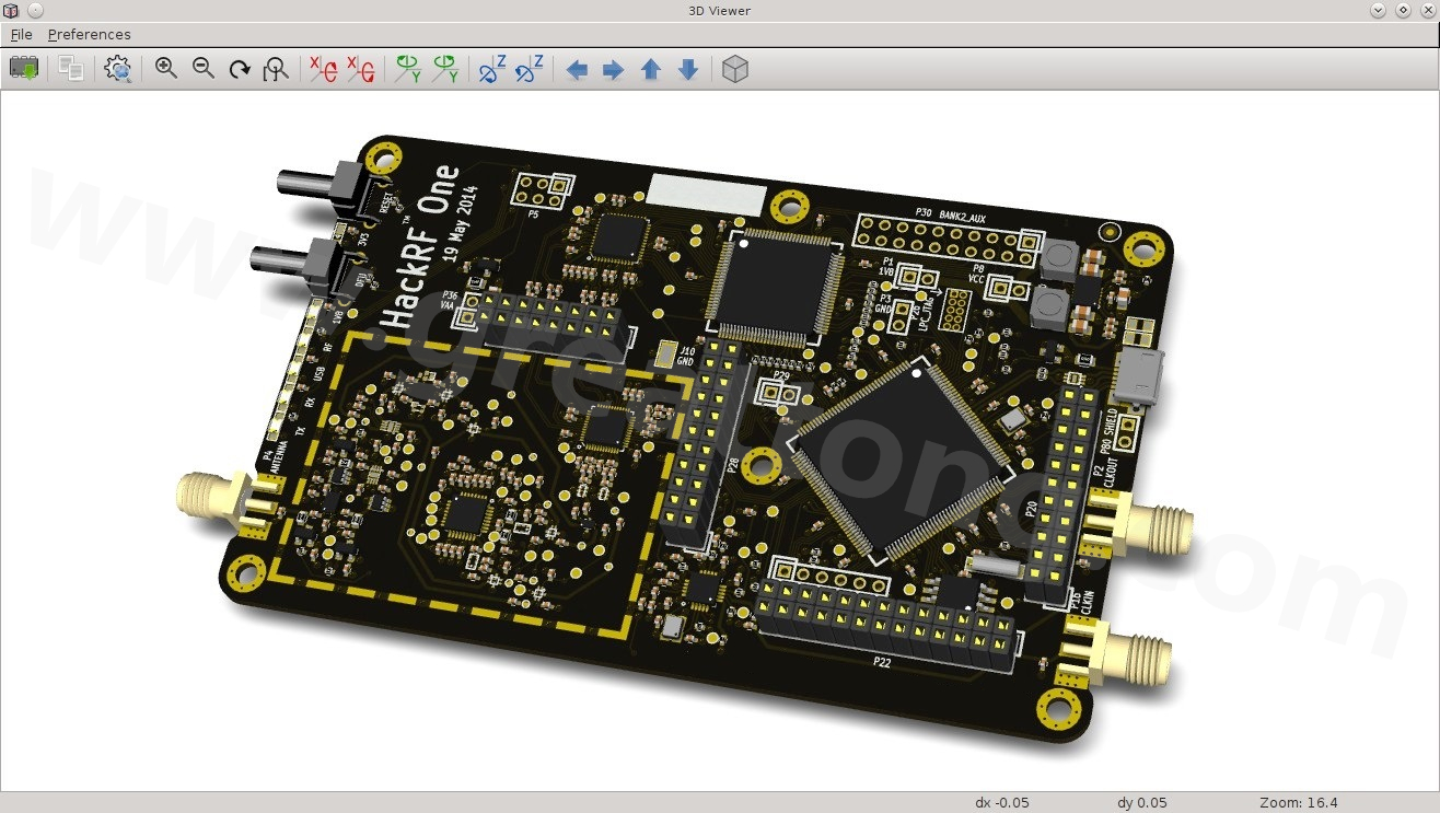 經(jīng)KiCad軟體3D功能渲染過(guò)的HackRF One電路板。