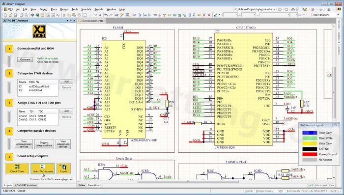 XJTAG DFT Assistant的Access Viewer模式可以清楚地顯示可用的測試存取層級，讓電路板設(shè)計人員在展開PCB布局以前的原理圖擷取階段盡可能地提高測試存取能力