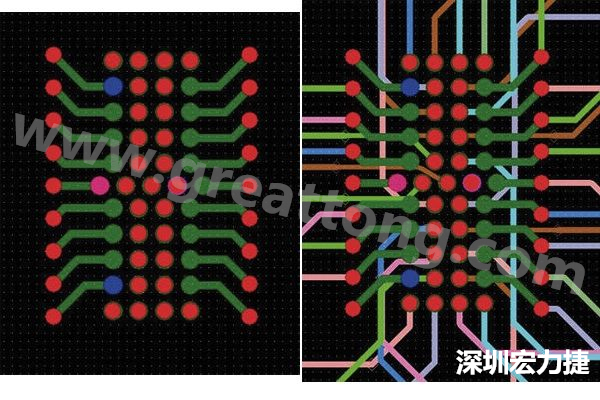 圖7：焊盤內(nèi)過孔用于內(nèi)部，而外部接腳在0.5mm閘格上扇出。圖7a顯示的是頂層(左)；圖7b顯示頂層和內(nèi)部布線層(右)。