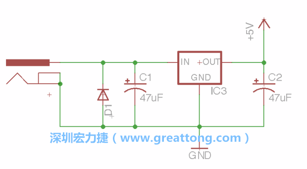新增RBBB→Power_Jack，將它放在電壓調(diào)整器的輸入端旁邊。
