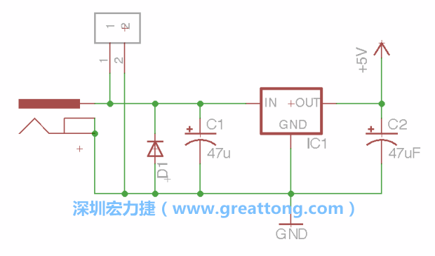 2.5.    新增一個二極體，它會以水平的狀態(tài)出現(xiàn)在屏幕上，請使用「旋轉(zhuǎn)（Rotate）」工具把它負(fù)極那一面朝上，并且用「網(wǎng)絡(luò)連接」工具將它連接在電壓調(diào)整器的輸入端和接地端之間。