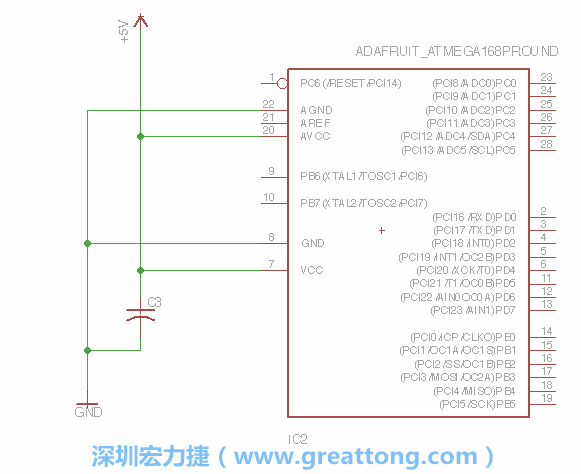 3.1.    新增微控制器晶片（RBBB → ATmega），把它放在電路原理圖的中央附近，把它的兩個接地接頭連接到接地訊號端。