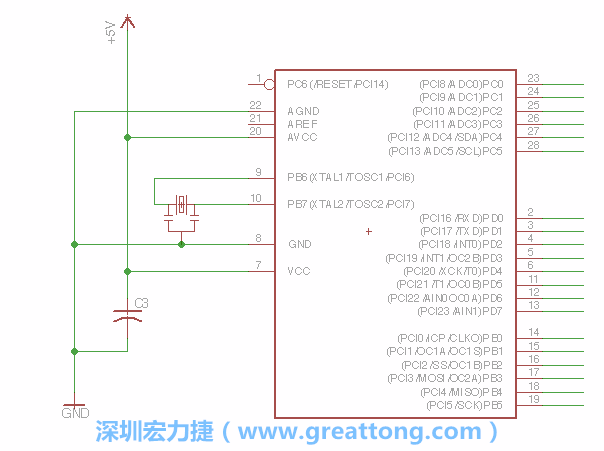 3.2.    在靠近ATmega的電源供應針腳7的位置放置一個0.1μF的電容，將它分別連接電源、接地端和針腳7。
