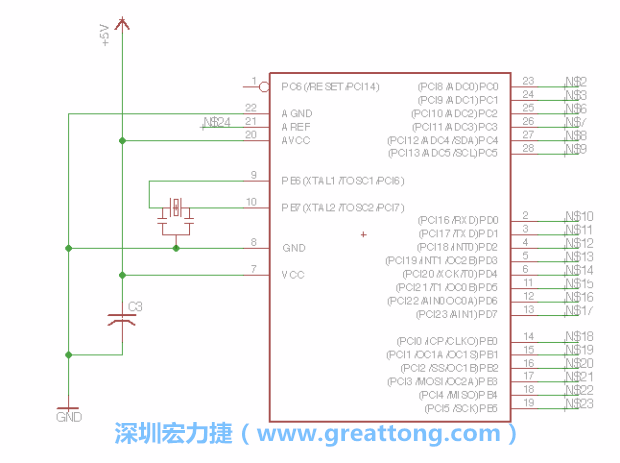 3.3.    將共鳴器（resonator）放置在針腳9和針腳10附近，將它的三個針腳連接如圖所示，并確認最中間的針腳有連到接地端。