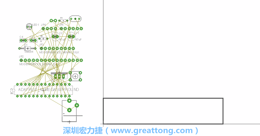 第一次執(zhí)行布線編輯器時，你會發(fā)現有兩個區(qū)塊，左邊的區(qū)塊非?；靵y，而右邊的區(qū)塊則是一個長方形的工作區(qū)域，EAGLE免費版會限制你的工作區(qū)域在4” x 3.2”的范圍內，如果你試圖將元件擺放在工作區(qū)外的話，就會跳出警示訊息。