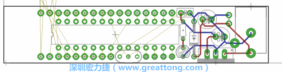 將ATmega微控制器、三個GPIO排針（JP2, JP3, JP4）和諧振器（resonator）排置如上圖所示。