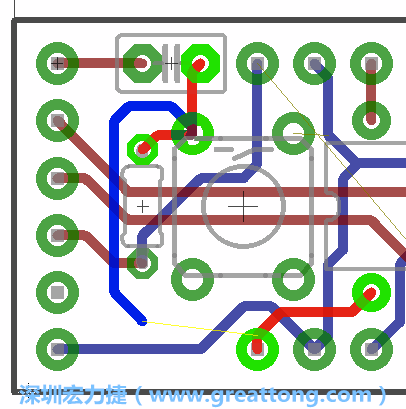 要在電路板正面進行+5V信號線連結和其他連結點的布線工作是非常容易的，而重置信號線（信號線用來連結電路板正面左邊的重置開關）需要經過一個可以通過電路板正反兩面的電路通道，這個通道是一個可以讓電路板正反兩面線路連接的一個小孔。