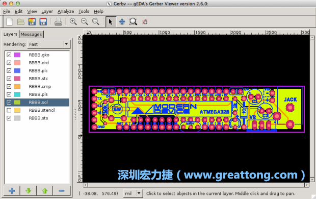 將圖層匯入你的Gerber預(yù)覽工具內(nèi)（下圖為Gerbv），我通常會從上到下重新排列它們的順序，好讓我比較好校對：