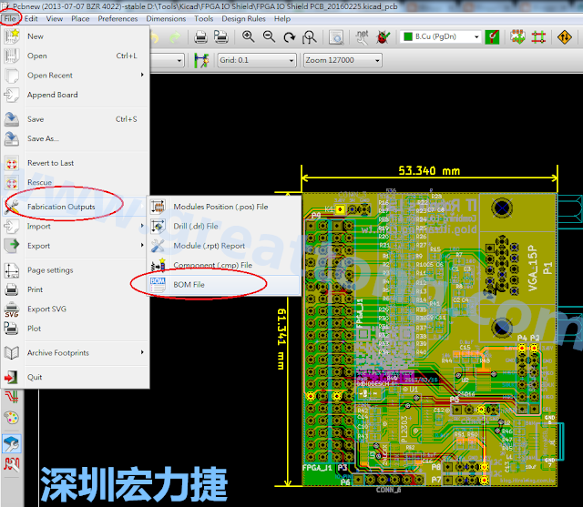 在Kicad的PCB Editor, 點(diǎn)選 File->Fabrication Outputs->BOM File, 即可產(chǎn)生一個(gè) .csv 的Excel 檔案。