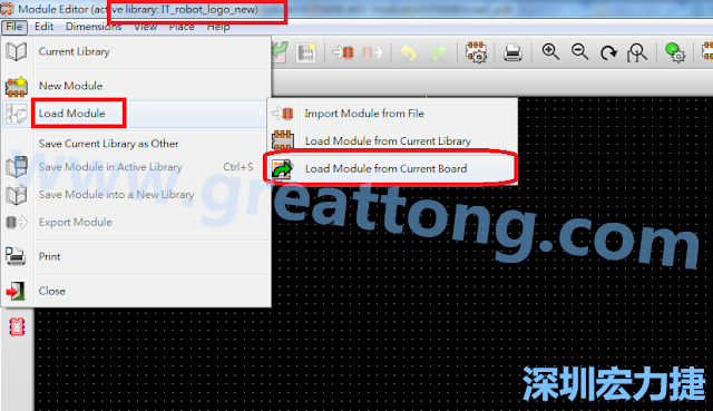 進入Module Editor去載入其他Footprint(Module)進來， 從目前的Active library (不過要先選取一個Current library ) 載入Module 或從目前正在編輯的PCB載入Module。